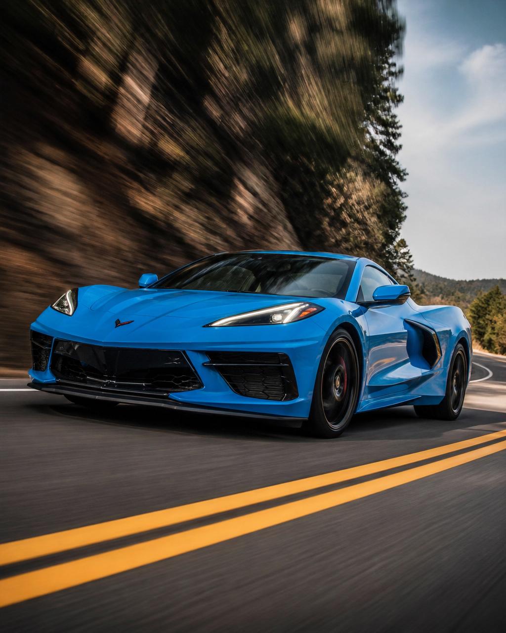 Chevrolet Corvette C8 in rapid blue on a winding road