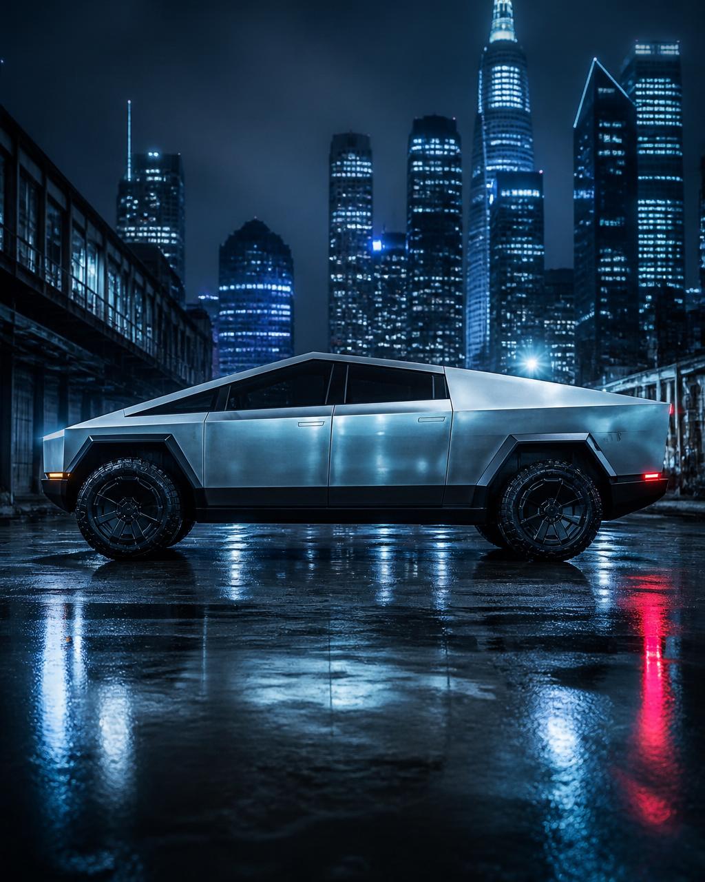 Tesla Cybertruck side profile against a night city skyline