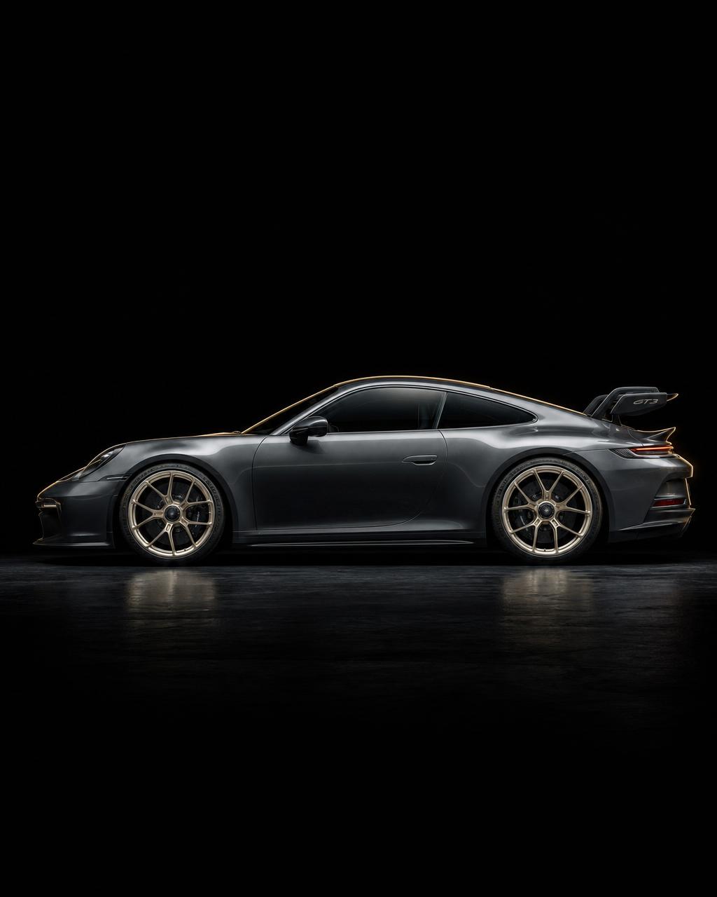 Porsche 911 GT3 in dark grey with gold wheels in moody studio lighting