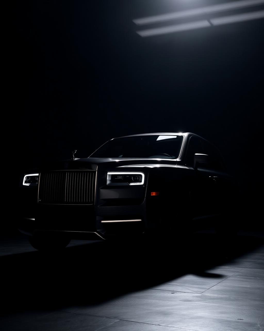 Rolls Royce Cullinan in black with iconic grille in moody studio lighting